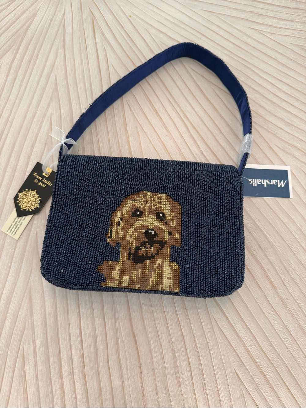 Marshalls Navy Beaded purse with Brown Dog Golden Doodle